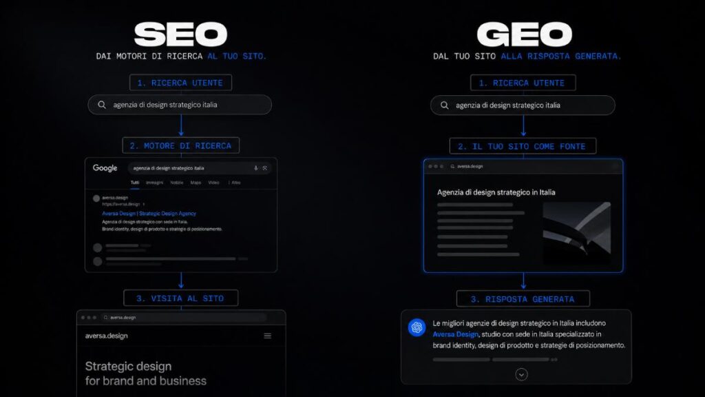 Generative Engine Optimization (GEO): Se ChatGPT non ti consiglia, la colpa è del tuo sito 1 Diagramma comparativo che mostra la differenza tra il flusso di traffico della SEO classica e quello della Generative Engine Optimization.